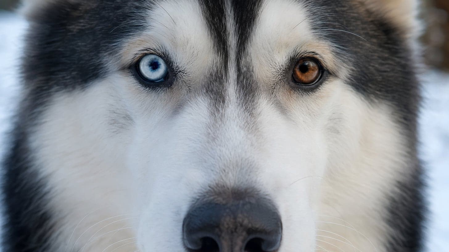 Close-up of a Siberian Husky's face showing one blue eye and one brown eye in clear detail