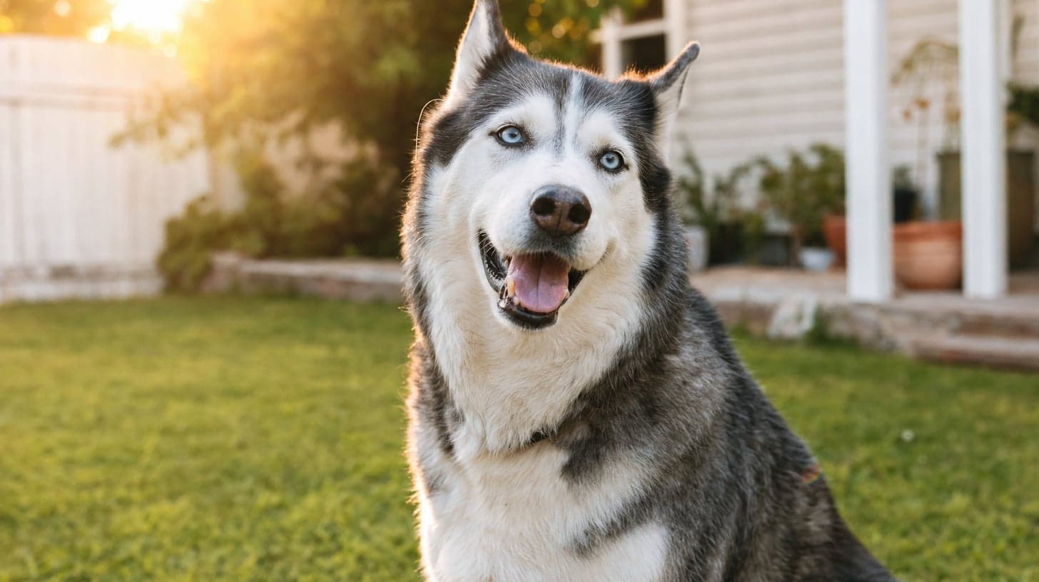 A joyful senior Siberian Husky with a graying muzzle sitting in a sunlit backyard at golden hour